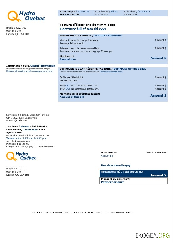 Modèle de facture de services publics d'entreprise de Canada Hydro Québec en formats Word et PDF (2)